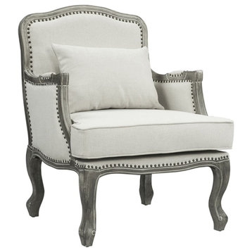 Bowery Hill Upholstery Chair with Pillow in Cream Linen Fabric and Brown
