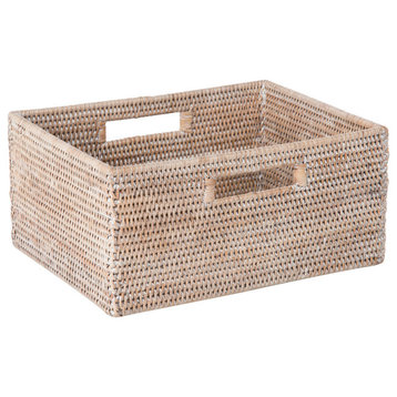 La Jolla Rattan Shelf Basket With Handles, Medium, White Wash