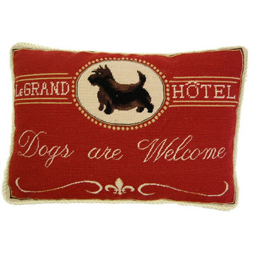"Dog Are Welcome" Petit Point Scottie Dog Needlepoint Pillow