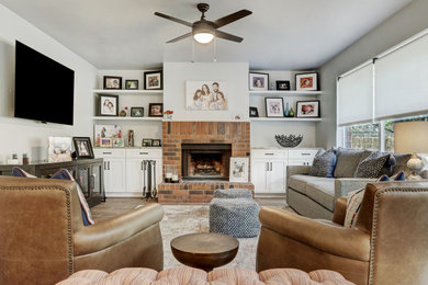Inspiration for a mid-sized modern open concept porcelain tile and brown floor living room remodel in Austin with gray walls and a standard fireplace
