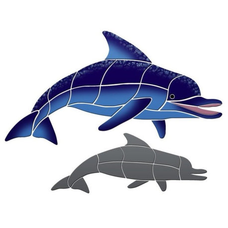 Level Swimming Dolphin Ceramic Pool Mosaic 24"x13" with shadow, Blue