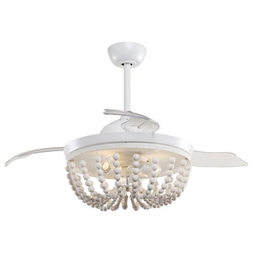 42in Modern Ceiling fan With Retractable Blades and Wood Beads, White