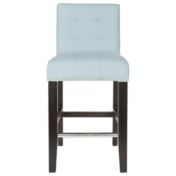 Armless Counter Stool, Tufted Back and Seat With Nailhead Details, Blue/Fabric