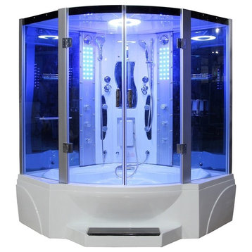 Steam Shower With Jetted Tub, Blue Glass, 63"x63"x85"