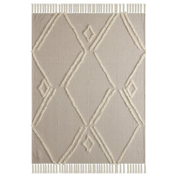 Tufted Geometric Beige and Cream Throw Blanket With Fringe