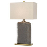 Currey & Company - 33" Musing Table Lamp in Rustic Metallic Bronze - The rustic metallic bronze glaze on the Musing Table Lamp has natural pitting to add interest to the flask-like shape. The shallow depth of the elongated body, a metal plinth-like base in a bronze finish, and a khaki linen shade coalesce to bring the bronze lamp a rough luxe vibe.  This light requires 1 , 150W Watt Bulbs (Not Included) UL Certified.