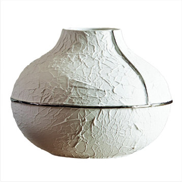 Elegant Matte White Silver Vase 11" Dia Fat Crinkled Parchment Paper Texture