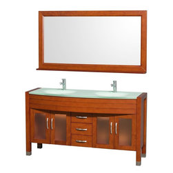 60" Double Bathroom Vanity in Cherry with Green Glass Top - Bathroom Vanities And Sink Consoles