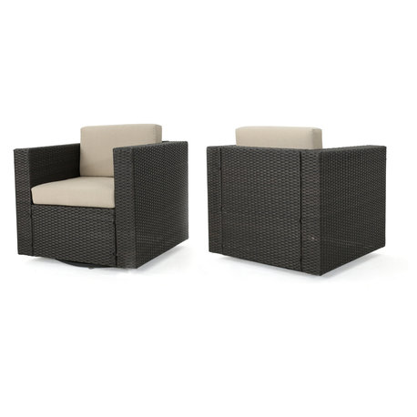 GDF Studio Venice Outdoor Wicker Swivel Club Chair, Dark Brown/Beige, Set of 2