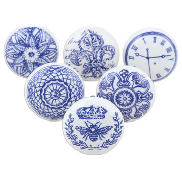 Novica Handmade Blue Visions Ceramic Knobs, Set of 6