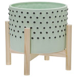 Sagebrook Home - 8" Ceramic Dotted Planter With Wood Stand, Green - As an accessory or as home to home plants, the polka dots are a lively, playful pattern that lighten the mood. Beautiful ceramic green and black dot planter sitting on a natural wood stand. These stunning planters will look great in your living room, front entryway, or outdoor space.