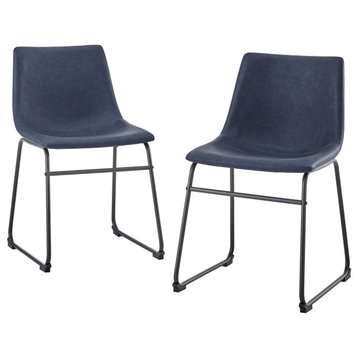 Set of 2 Dining Chairs, Metal Legs With Faux Leather Seat & Curved Back, Blue