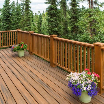 Rustic Entryway, Walkway and Back Decks with Trex Decking and Cedar Railing