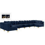 Meridian Furniture - Tremblay Velvet Upholstered 9-Piece Modular U-Shaped Sectional, Navy - Lean back and relax on this Tremblay sectional. Featuring soft navy velvet upholstery with deep button tufting, this sectional adds a bold touch to any living space. A complete set of gold and chrome legs are included, so you can change it up to suit your home decor. This sectional is modular, so you can create infinite configurations with it, which are easily attached using the latch underneath the frame. Its contemporary design is perfect for the modern home.