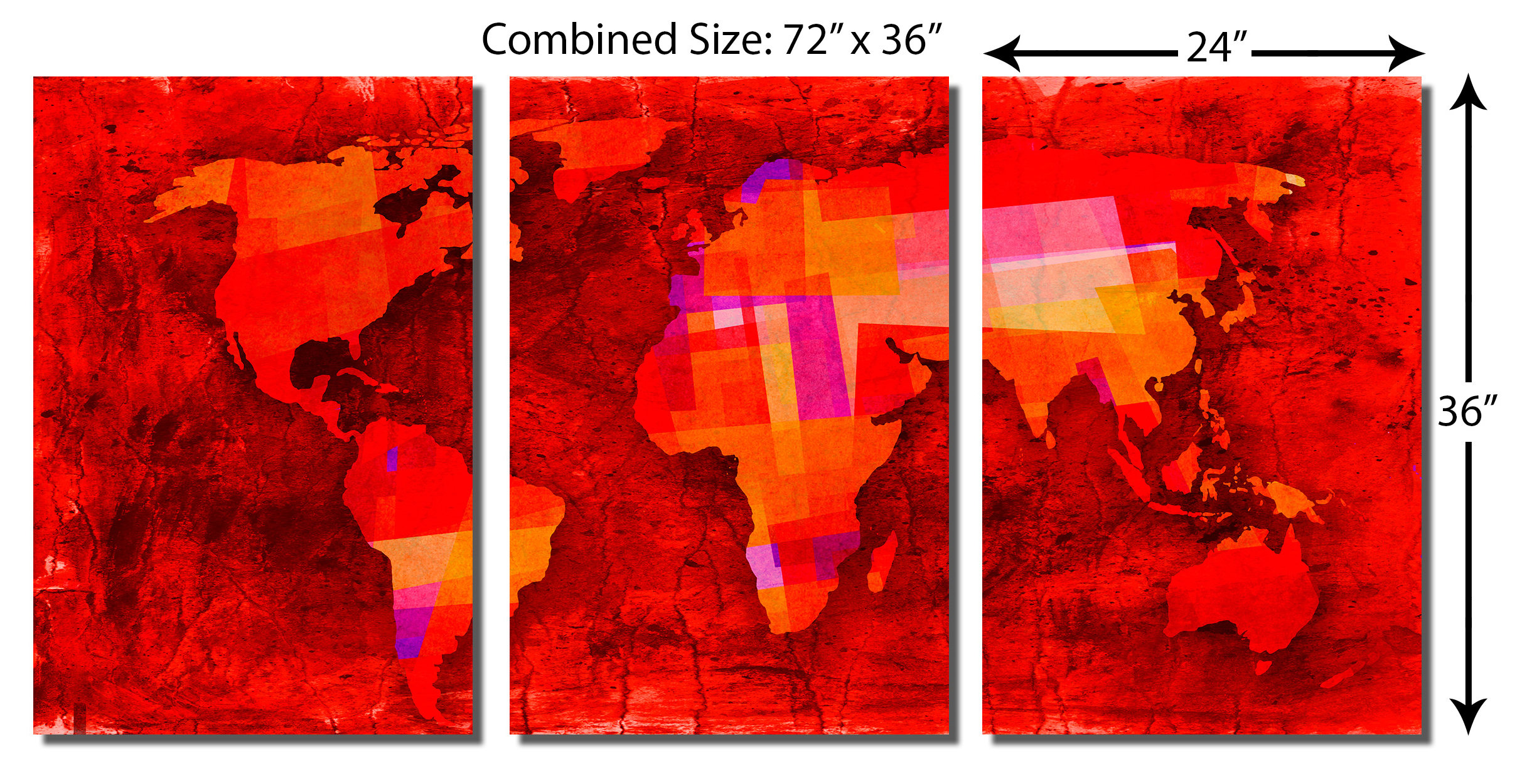 Dark Red World Map, HD Metal Print Wall Art, 3 Panel Split, Triptych ...