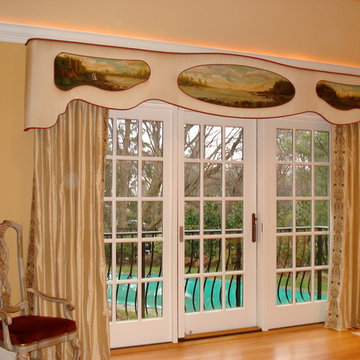 An elegant custom cornice board window treatment beautifully hand painted.