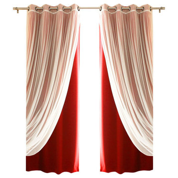Gathered Tulle Sheer and Blackout 4-Piece Curtain Set, Cardinal Red, 96"