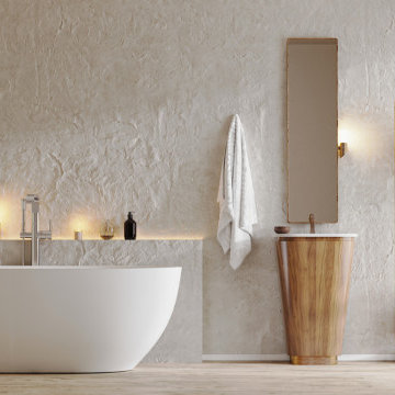 Warm Neutral Bathroom with Rustic Touches in Finchley