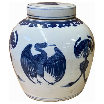 Chinese Blue & White Bird Bats Tassel Graphic Porcelain Ginger Jar Hws1239