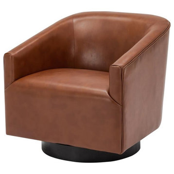 Bowery Hill Modern Faux Leather Wood Base Swivel Accent Chair in Caramel