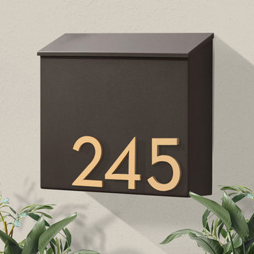 The Inbox Wall Mounted Mailbox  + House Numbers, Lock Included, Outgoing Flag, Brown, Brass Font
