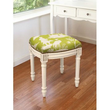 Chinoiserie Linen Upholstered Vanity Stool With Nailheads, Chartreuse Green