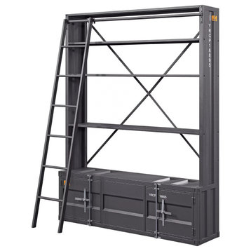 Industrial Bookcase, Cargo Design With Removable Ladder & Lower Cabinets, Gray