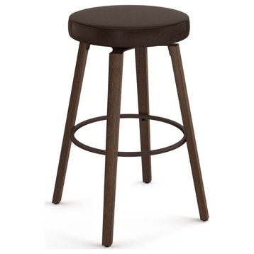 Amisco Walden Swivel Counter and Bar Stool, Dark Brown Faux Leather / Brown Wood, Bar Height