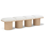 Meridian Furniture - Pavilion Black Boucle Fabric Bench, Cream, Natural Finish, 72" W X 15.5" D X 17.5" H - Bring valuable seating and remarkable style to your space with this cream Pavilion boucle fabric bench, an exquisite balance of style and usability for the entryway, bedroom, and beyond. Crafted from oak veneer with a natural finish, this bench has a 4-inch-thick seat cushion that's channel-tufted for a touch of luxury. The bench's columnar bases add a dash of art deco design, making it a captivating focal point in any room.