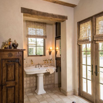 Double Door Master Bath with Hanging Wood Cabinets