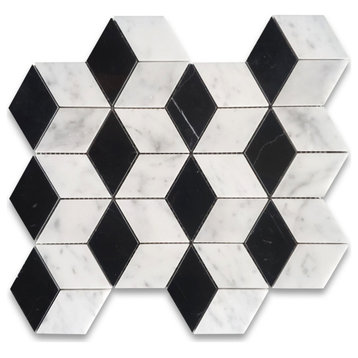 Carrara White Black Marble 3D Cube Diamond Geometry Hex Tile Polished, 1 sheet