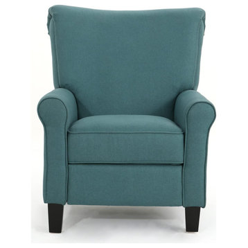 Traditional Recliner Chair, Cushioned Seat and Rounded Armrests, Dark Teal