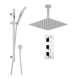 Benete Square Chrome Rain Shower System Faucet Set 2 Outlets Ceiling Head & Hand - Showerheads And Body Sprays