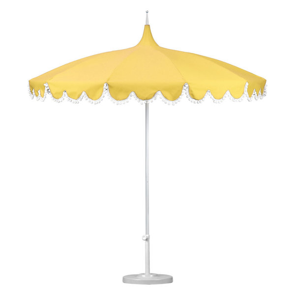 California Umbrella8 5 Sunbrella Boardwalk Patio Umbrella W Pom Poms 50 Lb Base But Dailymail