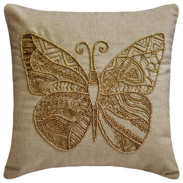 Beige Linen Butterfly & Beaded 18"x18" Throw Pillow Cover - Chrysallis
