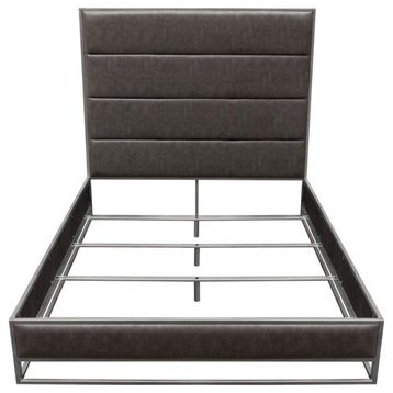 Empire Queen Bed, Weathered Grey PU With Hand brushed Silver Metal Frame