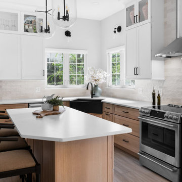 White and White Oak Cabinets Kitchen with Black Farmhouse Sink