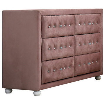 Benzara BM279728 Rex 40" Upholstered Dresser, 6 Drawers, Crystal Handles, Pink