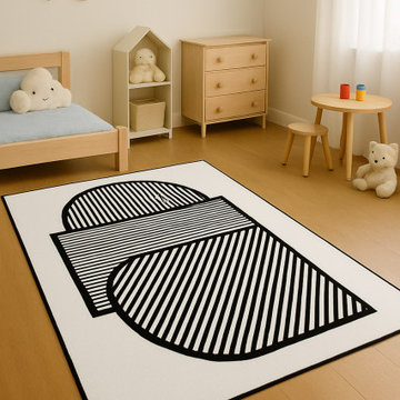 Contemporary Bedroom Interior with Graphic Rug Design