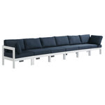 Meridian Furniture - Nizuc Water Resistant Patio Modular Straight Sofa, Navy, 6-Piece: 4 Armless Chair, 2 Corner Chair, White Aluminum Frame - Pick and choose your favorites from the Nizuc collection to create a modular seating group the whole gang will enjoy. The sturdy aluminum frame provides dependable support for friends and family as they relax and unwind, and the resilient navy water resistant fabric stands up to the elements without losing its beautiful demeanor, so you can count on it lasting for the long haul. Latches beneath these seating pieces help you easily attach them to one another for convenient setup.
