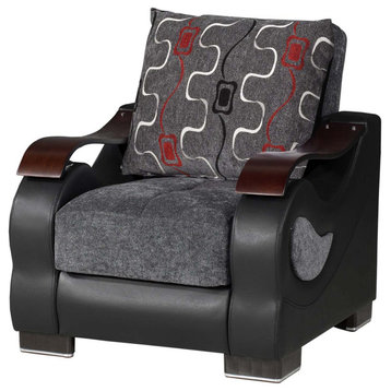 Modern Convertible Accent Chair, Chenille Seat & Curved Wooden Arms, Gray