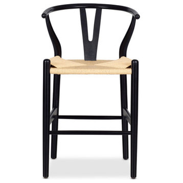 Wishbone Y Counter Stool, Black With Natural Seat