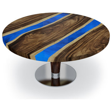 Two Colors Walnut Wood Round Coffee Table, 35.5" (90cm)_Opaque Mixed Blue&Black