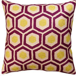 Kashmir Designs - Contemporary Honeycomb Amaranth Purple Yellow Accent Pillow Cover Wool, 18x18" - Kashmir is proud to bring together the modern abstract vector design pillow cover collection, hand embroidered by the finest artisans of Kashmir, into the living spaces of patrons and connoisseur all around the world. These unique, seamless and modern pillow covers would bring together the artistic elements of any room, creating a harmonious design and perfect air of sophistication.