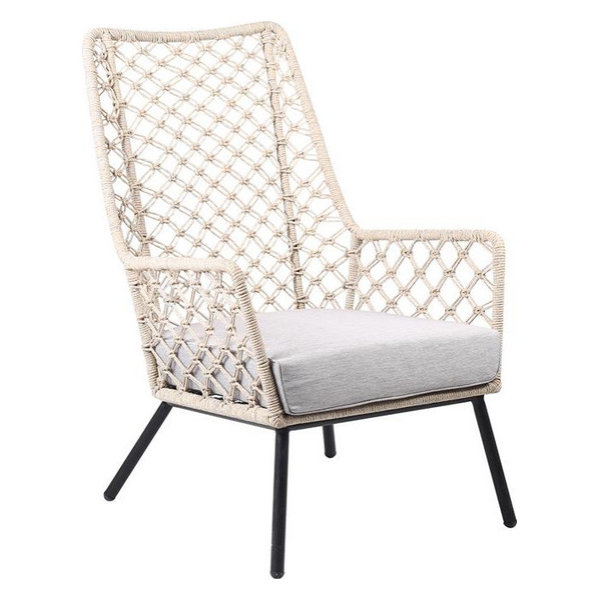 Marco Polo Indoor Outdoor Steel Lounge Chair With Rope and Gray Cushion, Natural