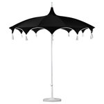 California Umbrella - 8.5' Sunbrella Playa Patio Umbrella With Tassels, Black - Sweeping curves highlight the chic canopy of the Playa umbrella, immediately identifying this piece as the refined centerpiece of your patio to earn praise and admiration from all who see it. Beautiful tassels mark where one elegant arch ends and another begins, enhancing the stylish appearance of this umbrella while further accentuating the discerning style that defines both your personality and your sophisticated outdoor space.