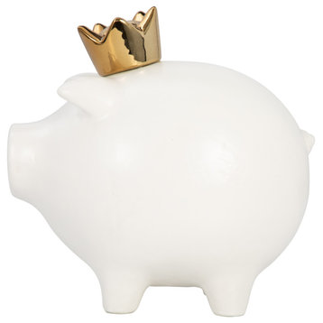 Ceramic 8" Pig With Crown, White