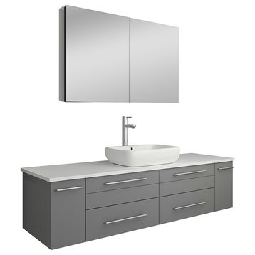 Lucera Wall Hung Vessel Sink Vanity With Medicine Cabinet, Gray, 60"