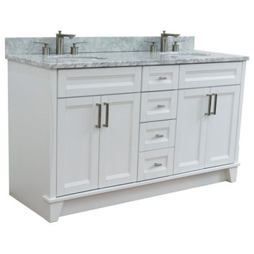 61" Double Sink Vanity, White Finish And White Carrara Marble And Oval Sink