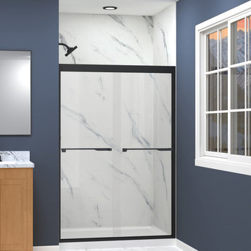 Frederick 47"Wx70"H Clear Glass Shower Door, Matte Black, Justin Handles